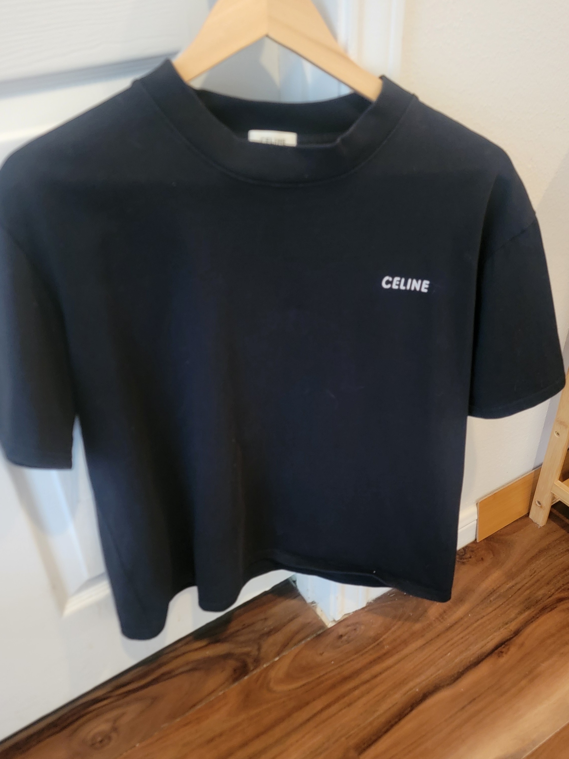 Celine Black Tee With White Logo Tag